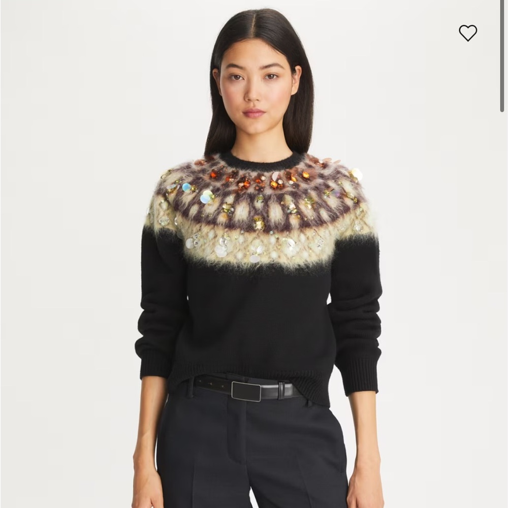 Tory Burch Black Crewneck Sweater with Multicolor Yoke Embellishment